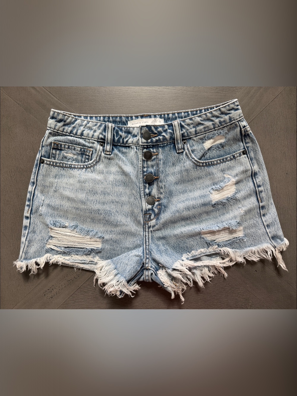 Altar'd State Light Blue Distressed Denim Button-Front Shorts